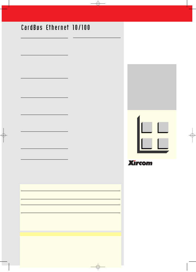 Features and benefits, Specifications | Xircom CardBus Ethernet 10/100 User Manual | Page 2 / 2