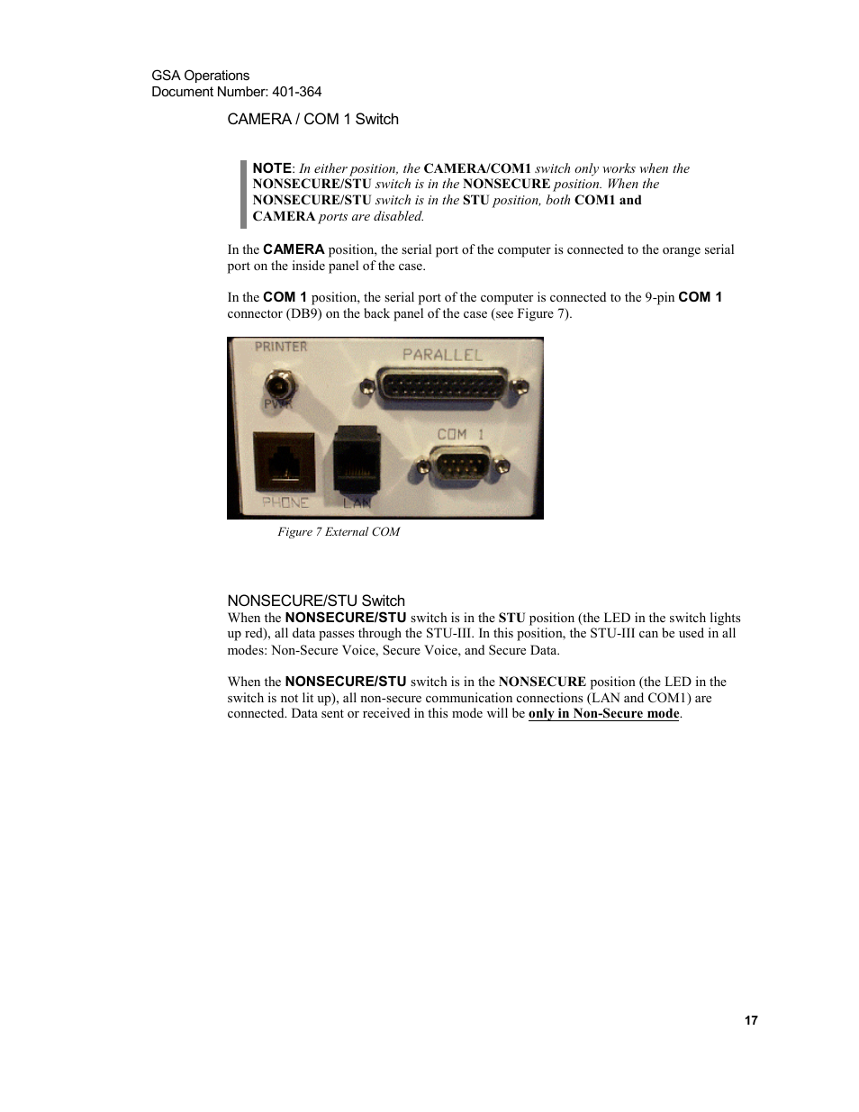 Camera / com 1 switch, Nonsecure/stu switch, Figure 7 external com | Xircom Action Systems 1500 User Manual | Page 17 / 60