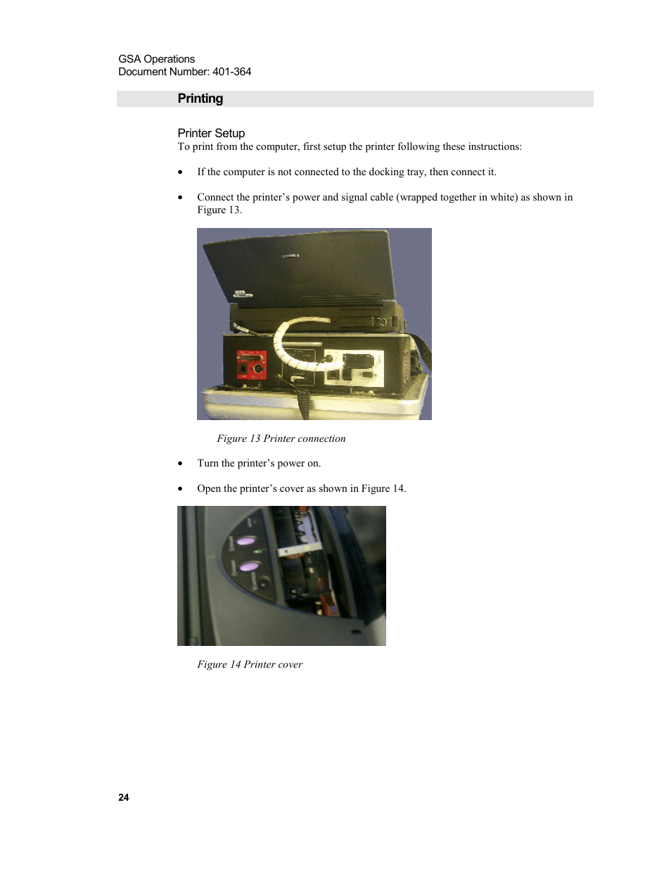 Printing, Printer setup, Figure 13 printer connection | Figure 14 printer cover | Xircom Action Systems 1500 User Manual | Page 24 / 60