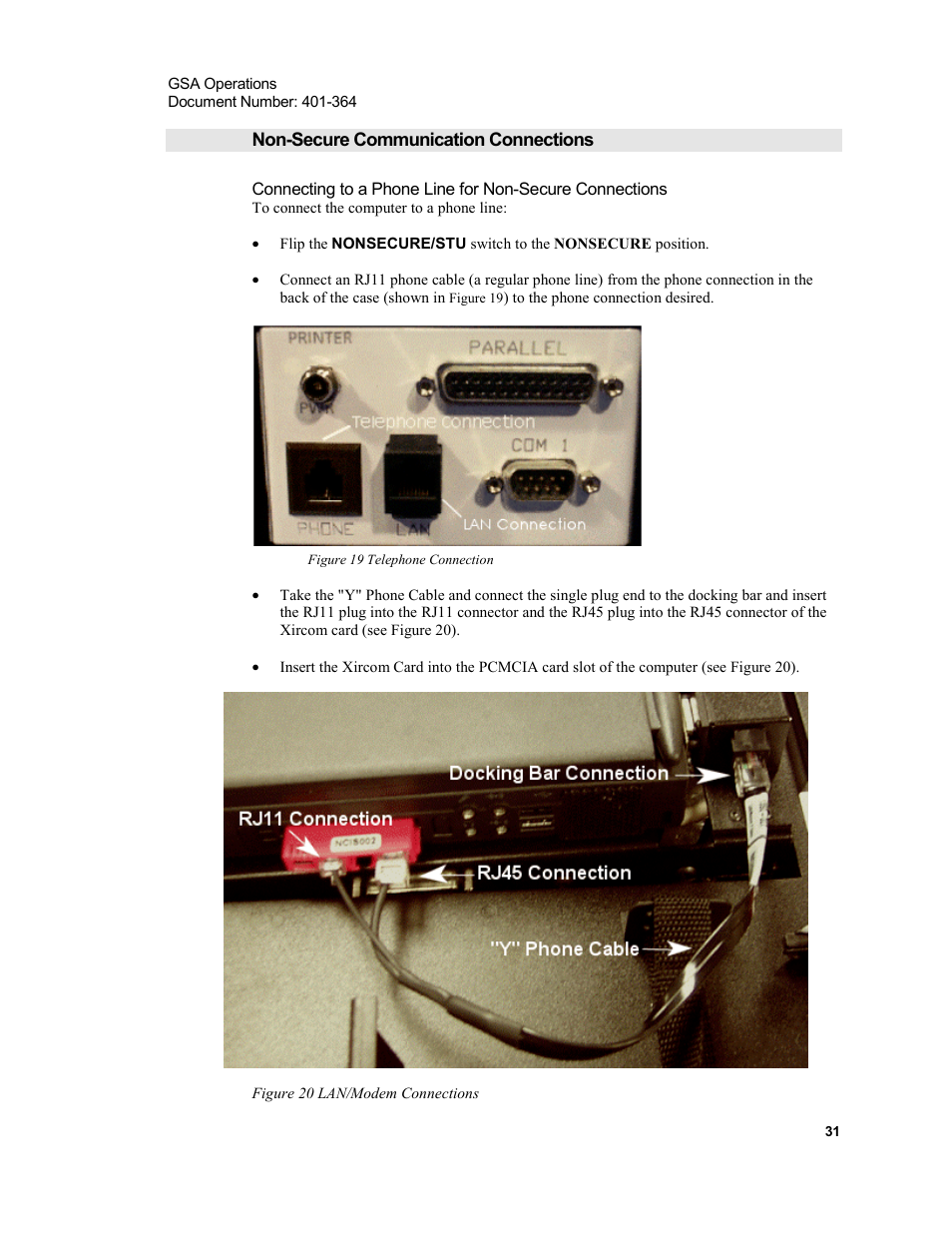 Non-secure communication connections, Figure 19 telephone connection, Figure 20 lan/modem connections | Xircom Action Systems 1500 User Manual | Page 31 / 60