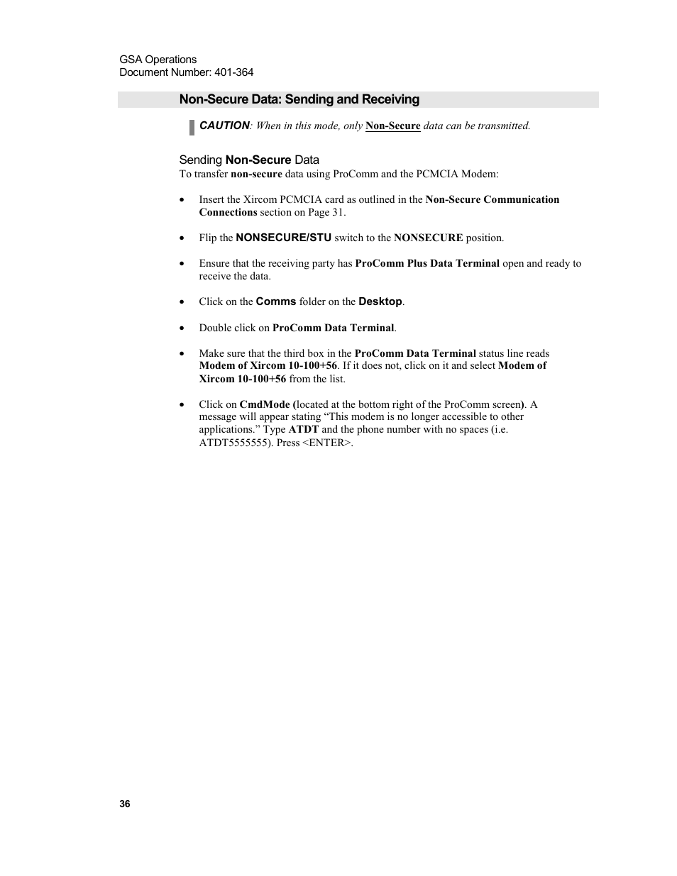 Non-secure data: sending and receiving, Sending non-secure data | Xircom Action Systems 1500 User Manual | Page 36 / 60