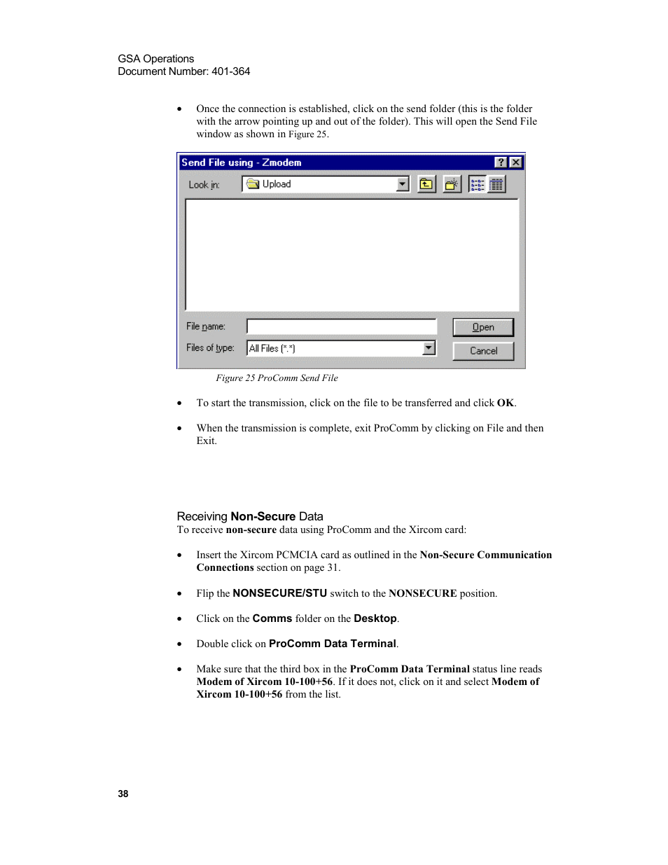 Receiving non-secure data, Figure 25 procomm send file | Xircom Action Systems 1500 User Manual | Page 38 / 60