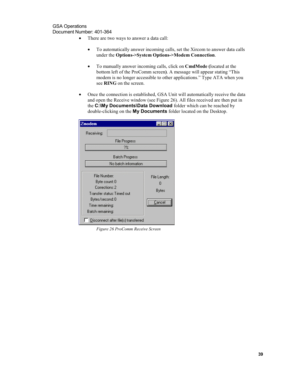 Figure 26 procomm receive screen | Xircom Action Systems 1500 User Manual | Page 39 / 60