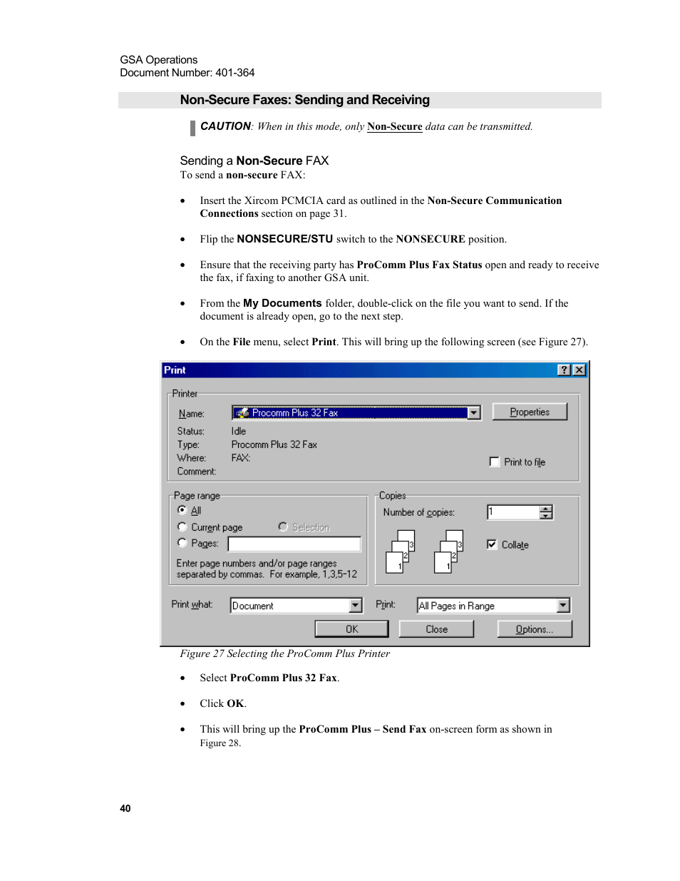 Non-secure faxes: sending and receiving, Sending a non-secure fax, Figure 27 selecting the procomm plus printer | Xircom Action Systems 1500 User Manual | Page 40 / 60