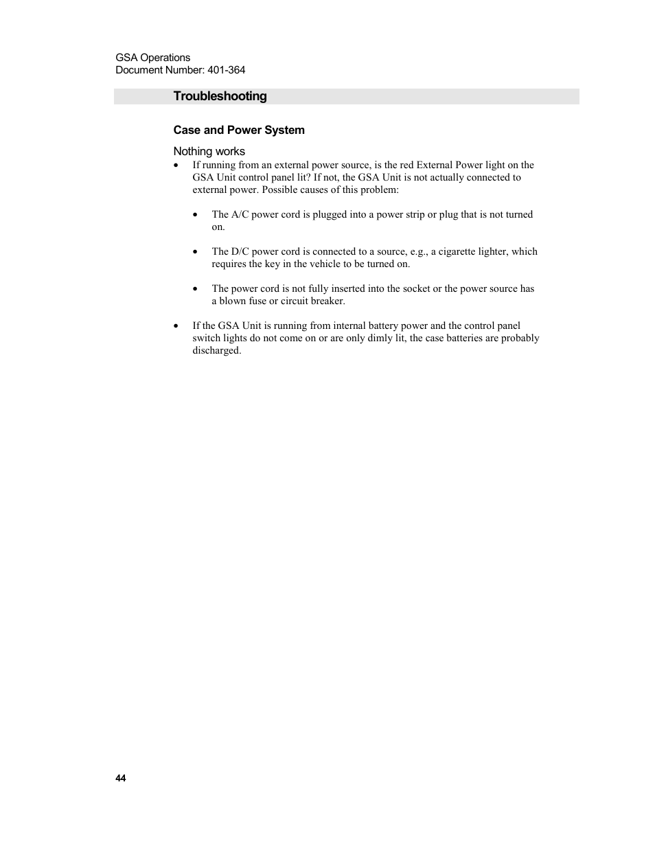 Troubleshooting, Case and power system | Xircom Action Systems 1500 User Manual | Page 44 / 60