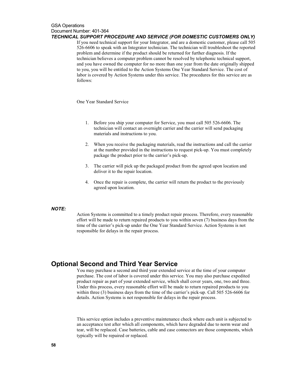 Optional second and third year service | Xircom Action Systems 1500 User Manual | Page 58 / 60
