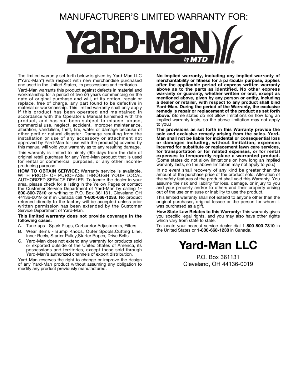Yard-man llc, Manufacturer’s limited warranty for | Yard-Man YM70SS User Manual | Page 16 / 52