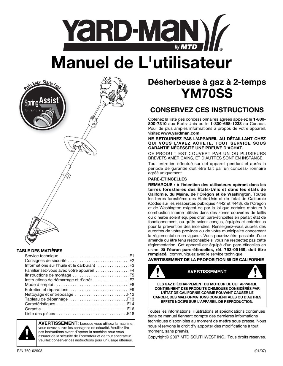 Manuel de l'utilisateur, Ym70ss, Désherbeuse à gaz à 2-temps | Conservez ces instructions | Yard-Man YM70SS User Manual | Page 17 / 52