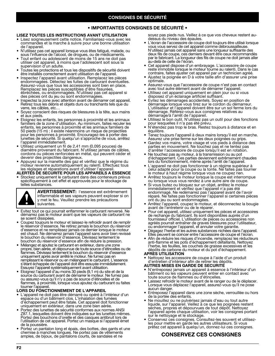 Conservez ces consignes | Yard-Man YM70SS User Manual | Page 18 / 52