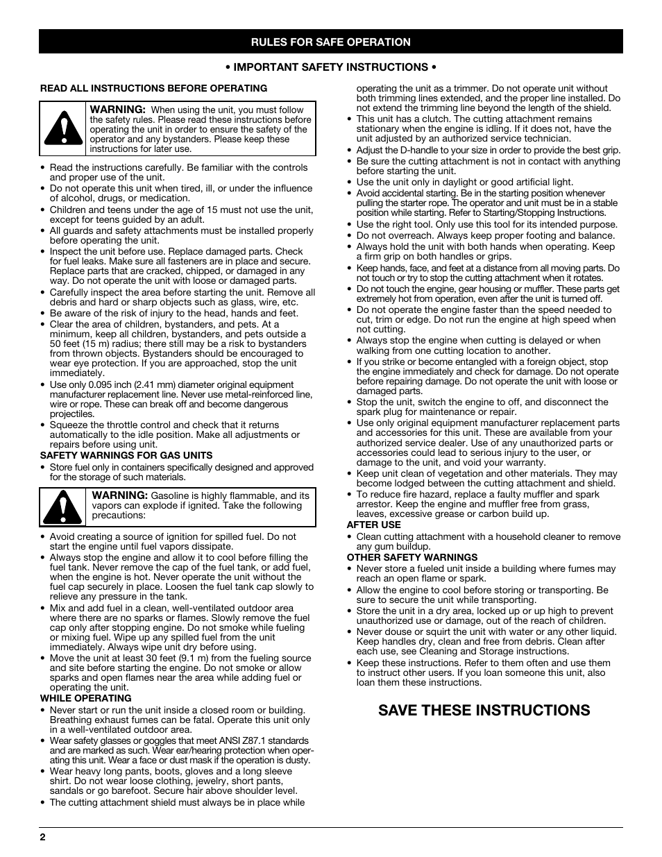 Save these instructions | Yard-Man YM70SS User Manual | Page 2 / 52