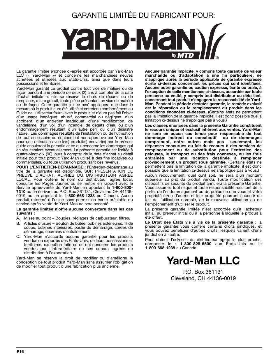 Yard-man llc, Garantie limitée du fabricant pour | Yard-Man YM70SS User Manual | Page 32 / 52