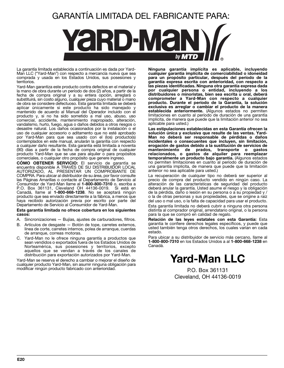 Yard-man llc, Garantía limitada del fabricante para | Yard-Man YM70SS User Manual | Page 52 / 52