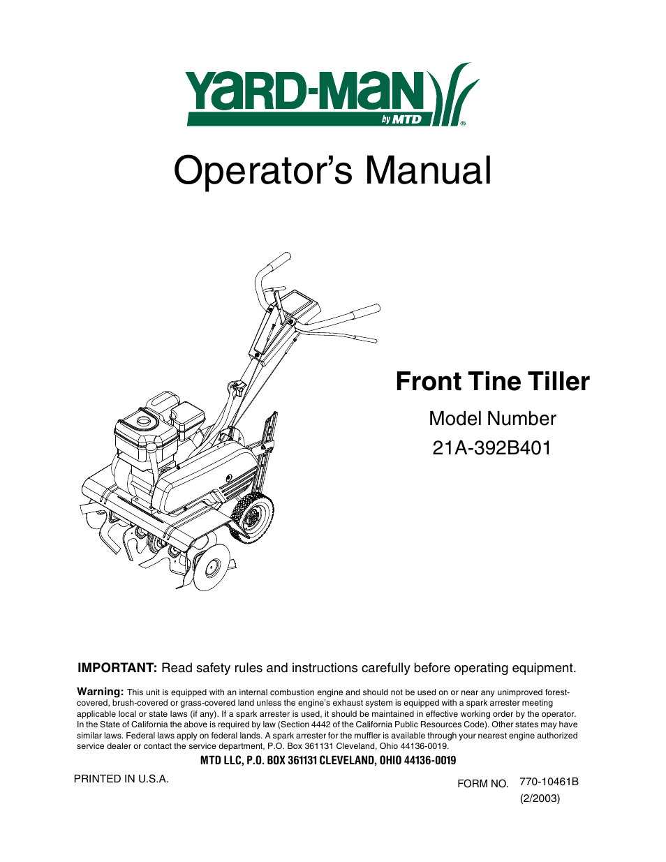 Yard-Man 21A-392B401 User Manual | 20 pages