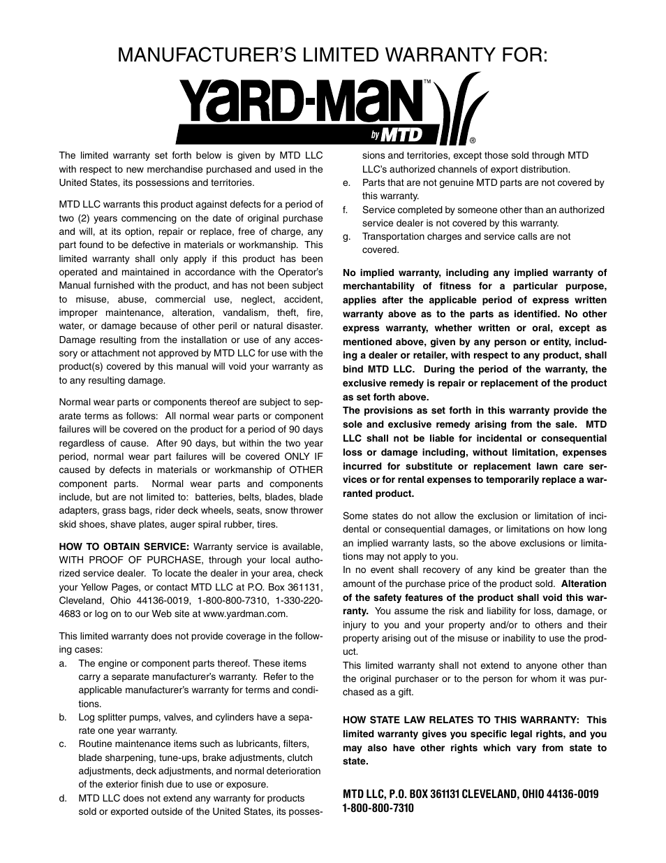 Manufacturer’s limited warranty for | Yard-Man 21A-392B401 User Manual | Page 20 / 20
