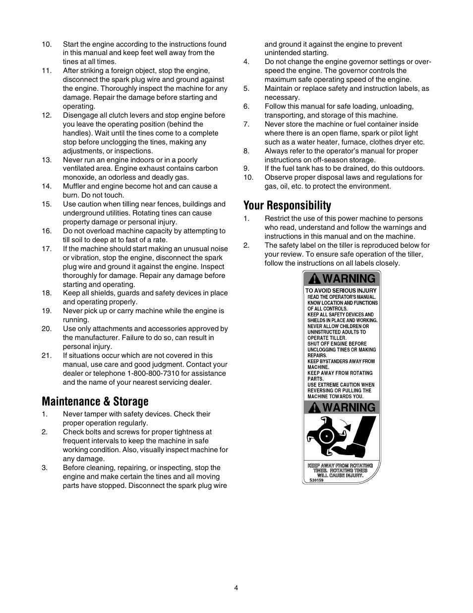 Maintenance & storage, Your responsibility | Yard-Man 21A-392B401 User Manual | Page 4 / 20