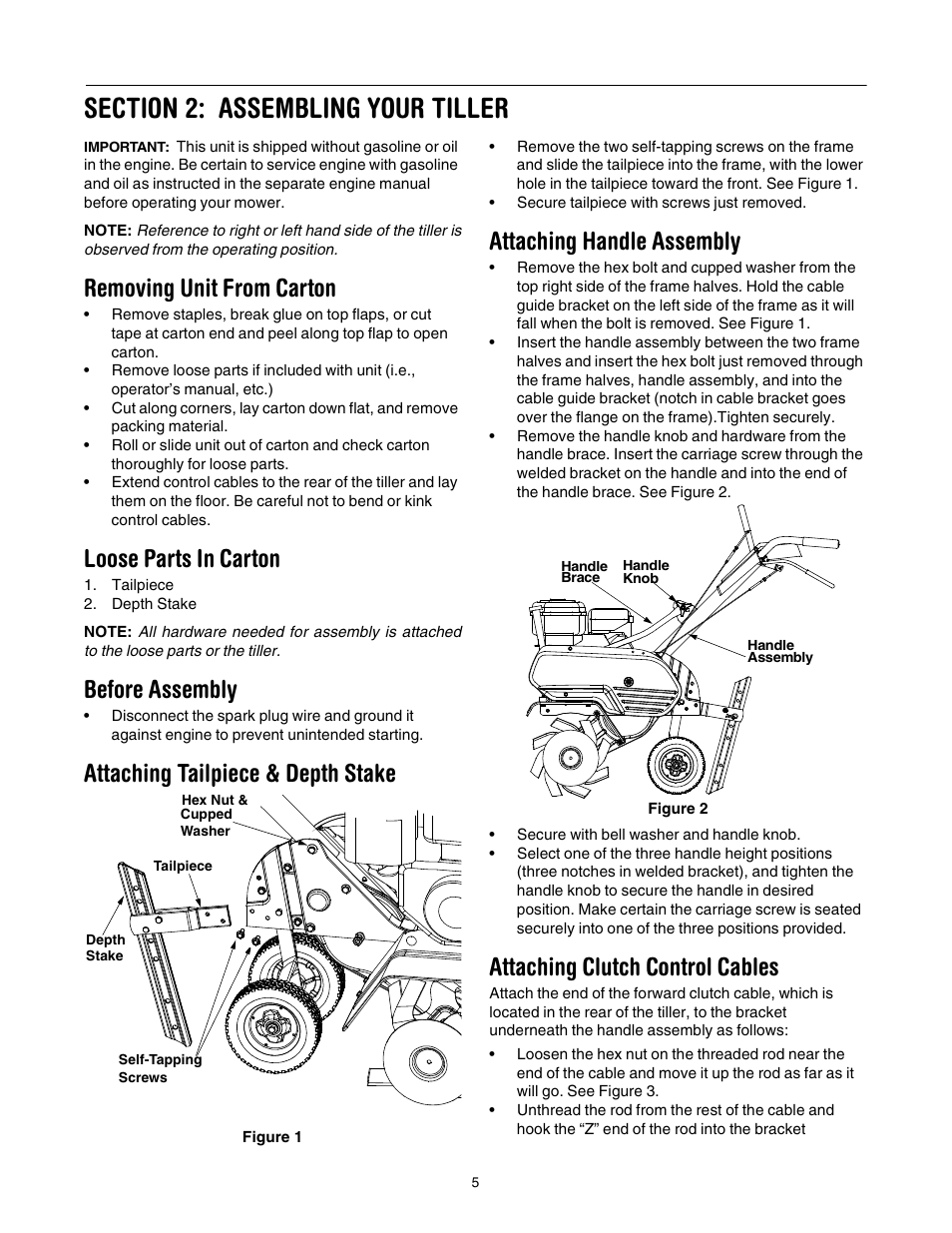 Removing unit from carton, Loose parts in carton, Before assembly | Attaching tailpiece & depth stake, Attaching handle assembly, Attaching clutch control cables | Yard-Man 21A-392B401 User Manual | Page 5 / 20