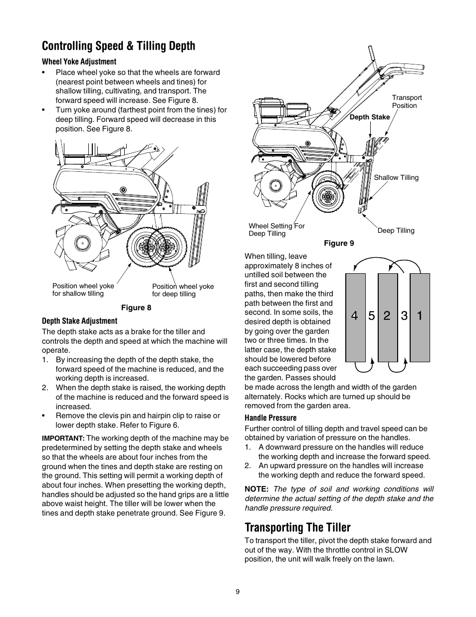 Controlling speed & tilling depth, Transporting the tiller | Yard-Man 21A-392B401 User Manual | Page 9 / 20