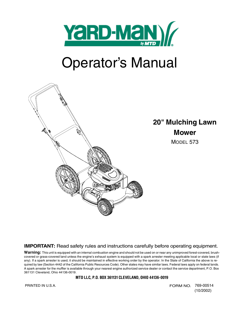 Yard-Man 573 User Manual | 16 pages