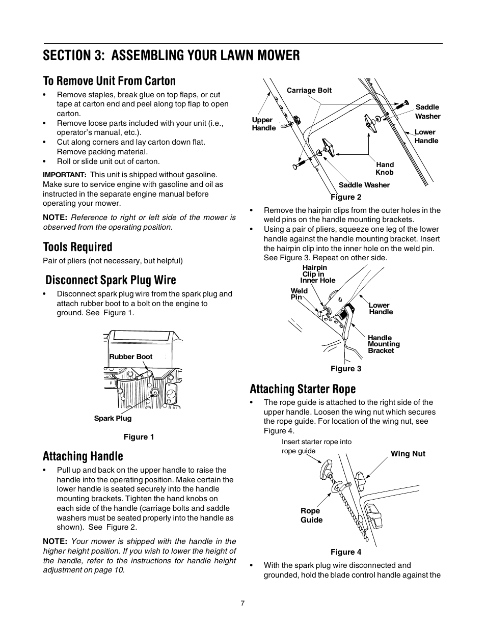 Tools required, Disconnect spark plug wire, Attaching handle | Attaching starter rope | Yard-Man 573 User Manual | Page 7 / 16