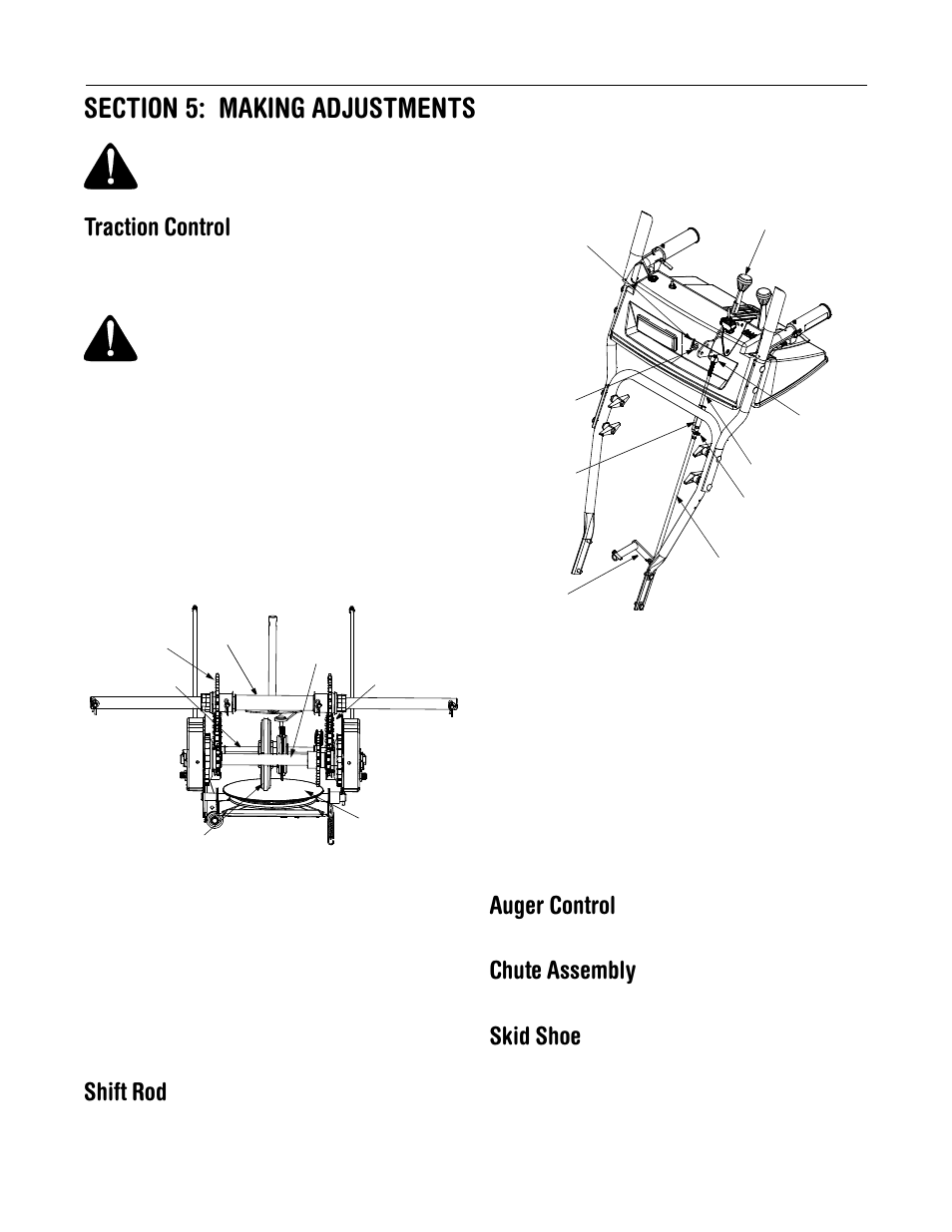 Traction control, Shift rod, Auger control | Chute assembly, Skid shoe | Yard-Man 31AH553G401 User Manual | Page 12 / 28