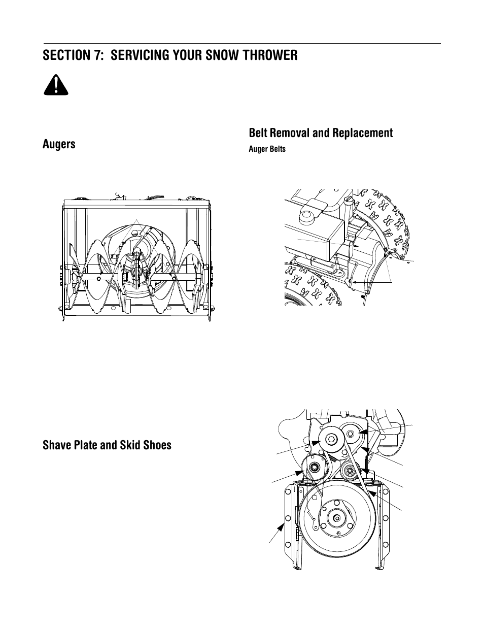 Augers, Shave plate and skid shoes, Belt removal and replacement | Yard-Man 31AH553G401 User Manual | Page 14 / 28