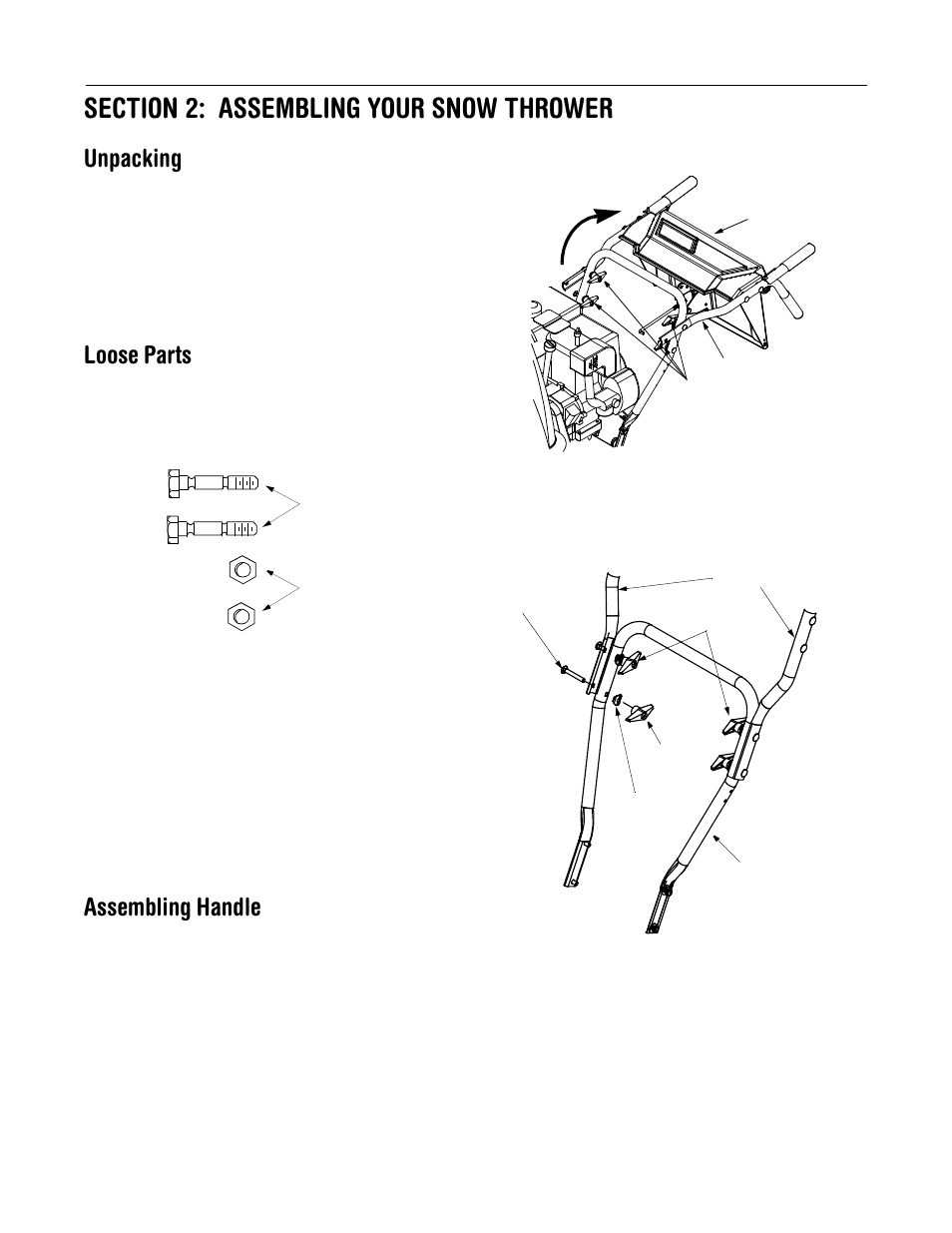 Unpacking, Loose parts, Assembling handle | Yard-Man 31AH553G401 User Manual | Page 5 / 28