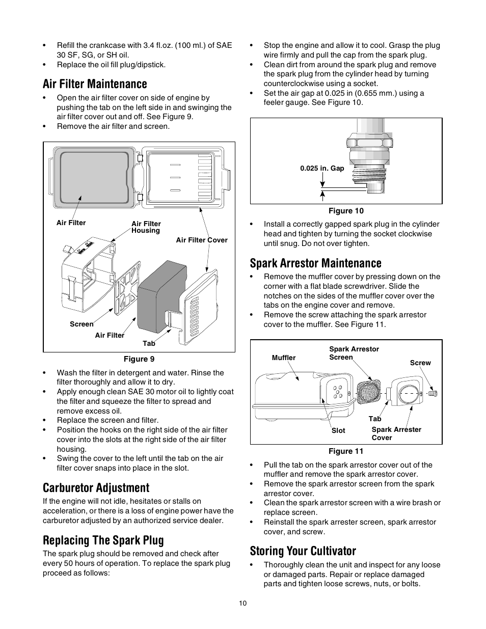 Air filter maintenance, Carburetor adjustment, Replacing the spark plug | Spark arrestor maintenance, Storing your cultivator | Yard-Man 21A-144R401 User Manual | Page 10 / 16