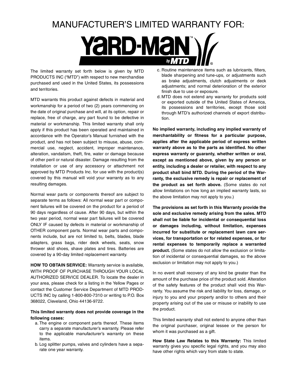Manufacturer’s limited warranty for | Yard-Man 21A-144R401 User Manual | Page 16 / 16