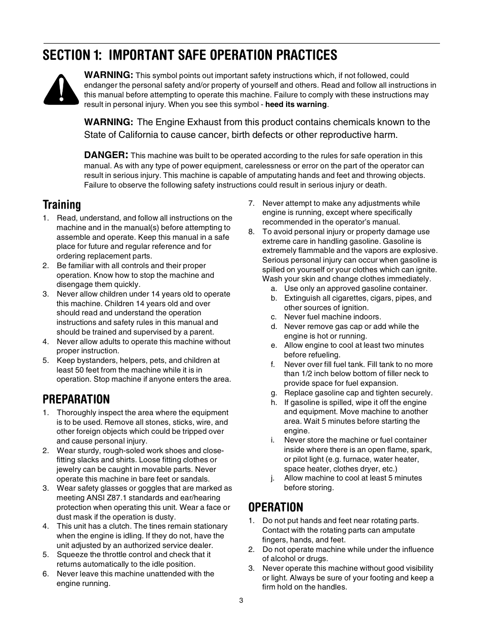 Training, Preparation, Operation | Yard-Man 21A-144R401 User Manual | Page 3 / 16