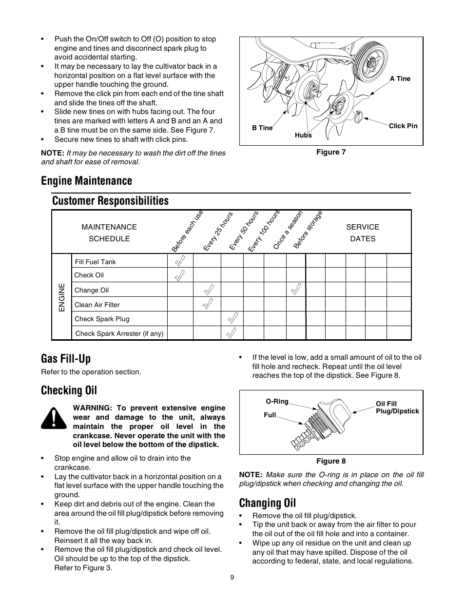 Engine maintenance gas fill-up, Checking oil, Changing oil | Customer responsibilities | Yard-Man 21A-144R401 User Manual | Page 9 / 16