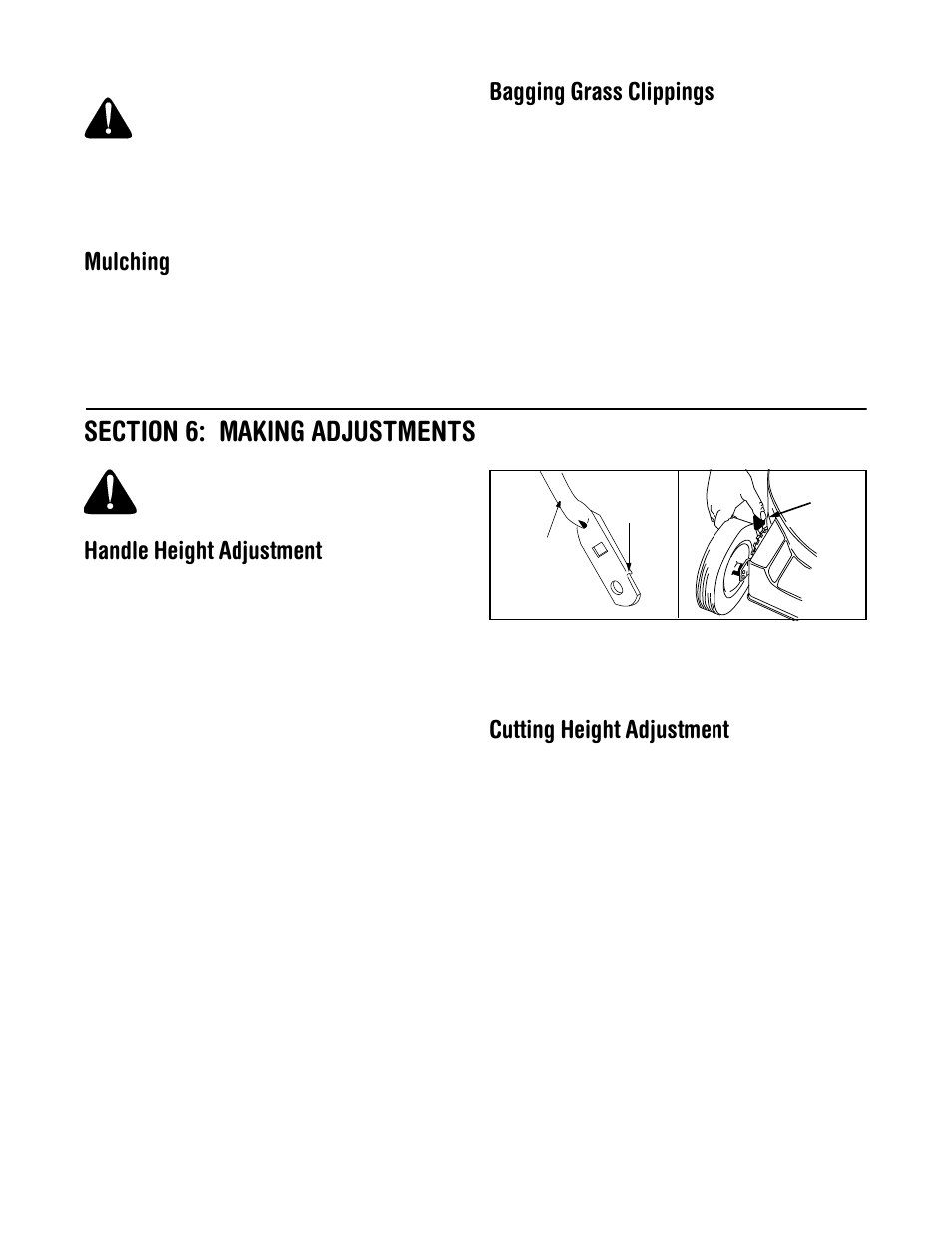 Mulching, Bagging grass clippings, Handle height adjustment | Cutting height adjustment | Yard-Man 549 User Manual | Page 11 / 16