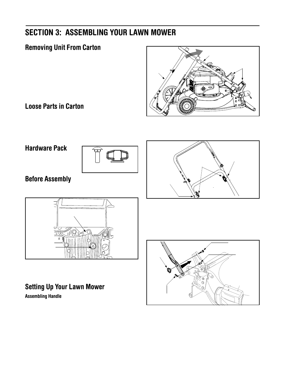 Removing unit from carton, Loose parts in carton, Hardware pack | Before assembly, Setting up your lawn mower | Yard-Man 549 User Manual | Page 7 / 16