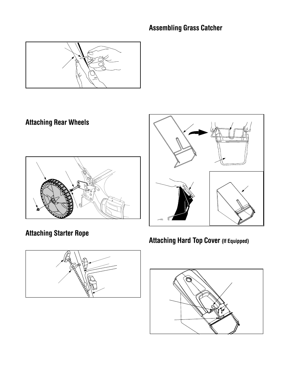 Attaching rear wheels, Attaching starter rope, Assembling grass catcher | Attaching hard top cover | Yard-Man 549 User Manual | Page 8 / 16