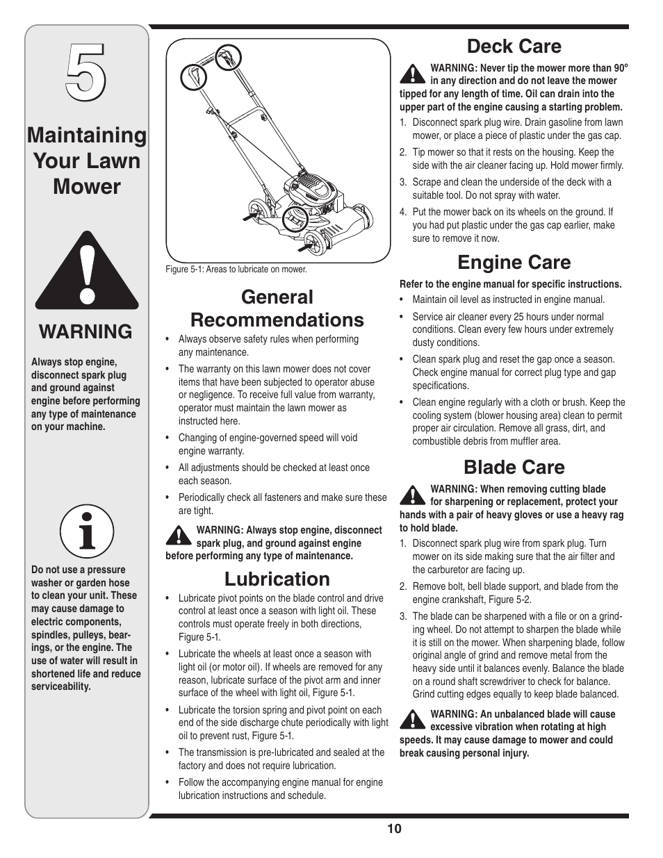 Maintaining your lawn mower, Warning, Blade care | General recommendations, Lubrication, Deck care, Engine care | Yard-Man 263 User Manual | Page 10 / 16