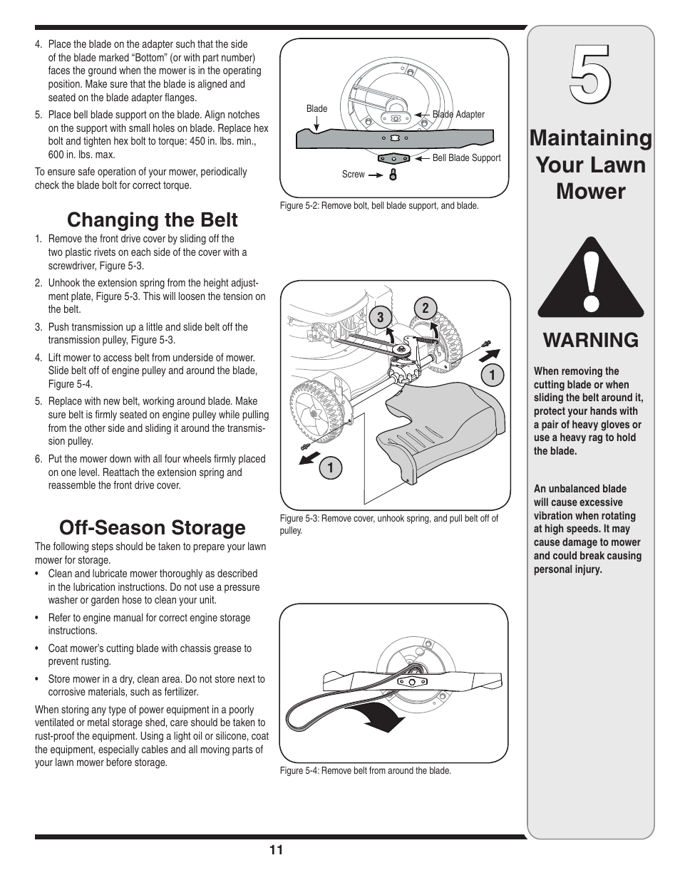 Maintaining your lawn mower, Warning, Changing the belt | Off-season storage | Yard-Man 263 User Manual | Page 11 / 16