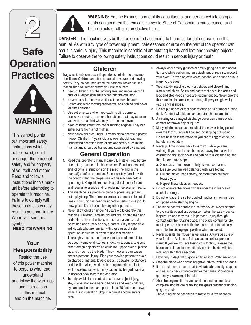 Safe operation practices, Warning, Children | General operation, Your responsibility | Yard-Man 263 User Manual | Page 4 / 16