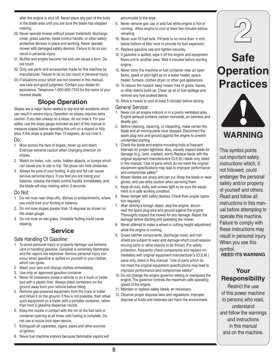 Safe operation practices, Warning, Slope operation | Service, Your responsibility | Yard-Man 263 User Manual | Page 5 / 16