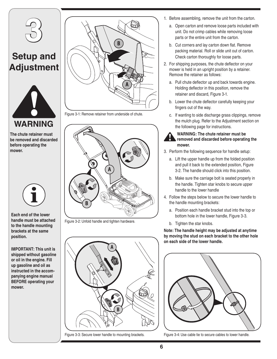 Setup and adjustment, Warning | Yard-Man 263 User Manual | Page 6 / 16