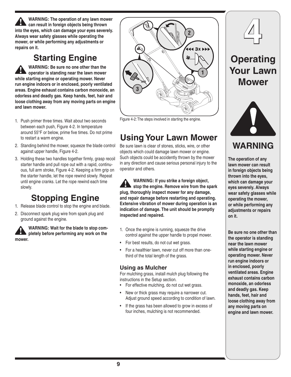 Operating your lawn mower, Warning, Starting engine | Stopping engine, Using your lawn mower | Yard-Man 263 User Manual | Page 9 / 16