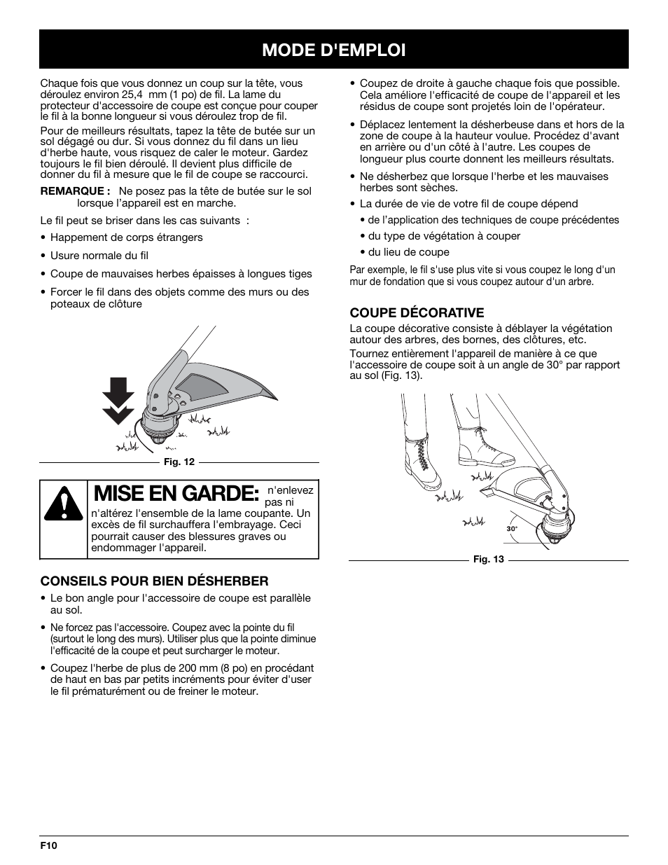 Mise en garde, Mode d'emploi | Yard-Man YM137 User Manual | Page 28 / 56