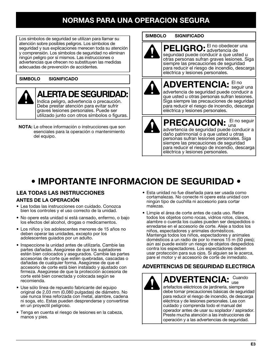 Importante informacion de seguridad, Advertencia, Peligro | Precaucion, Alerta de seguridad, Normas para una operacion segura | Yard-Man YM137 User Manual | Page 39 / 56