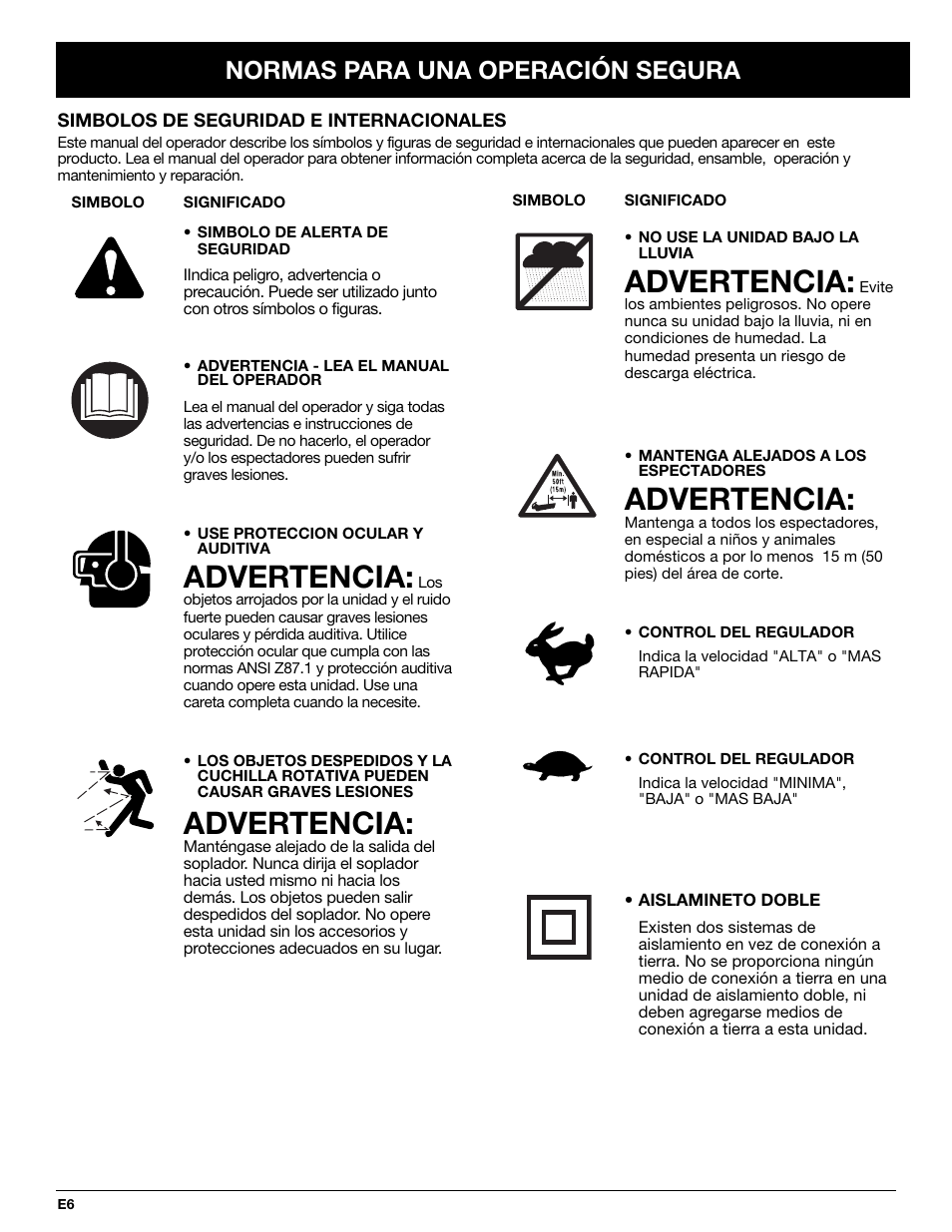 Advertencia, Normas para una operación segura | Yard-Man YM137 User Manual | Page 42 / 56