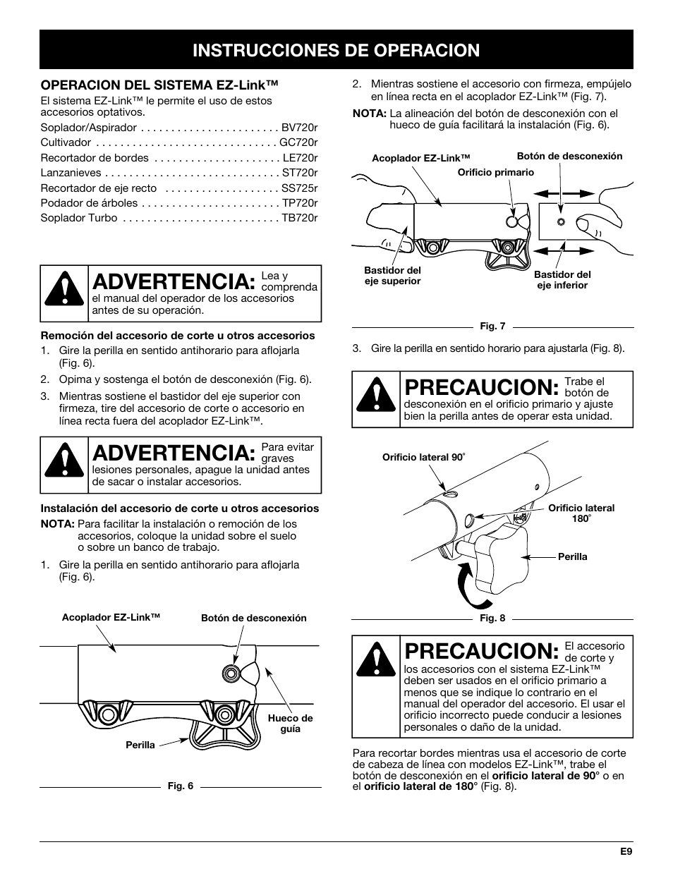 Precaucion, Advertencia, Instrucciones de operacion | Yard-Man YM137 User Manual | Page 45 / 56