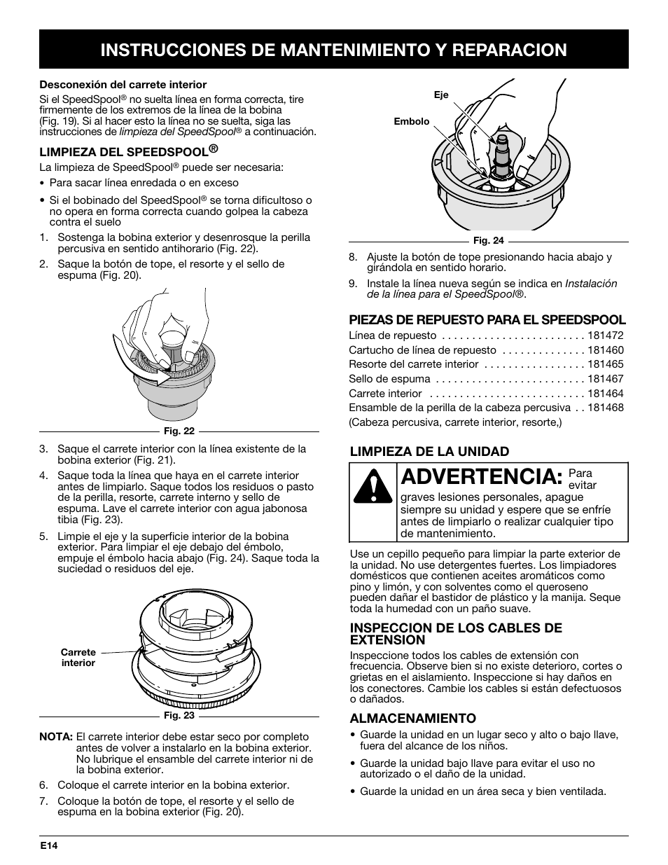 Advertencia, Instrucciones de mantenimiento y reparacion | Yard-Man YM137 User Manual | Page 50 / 56