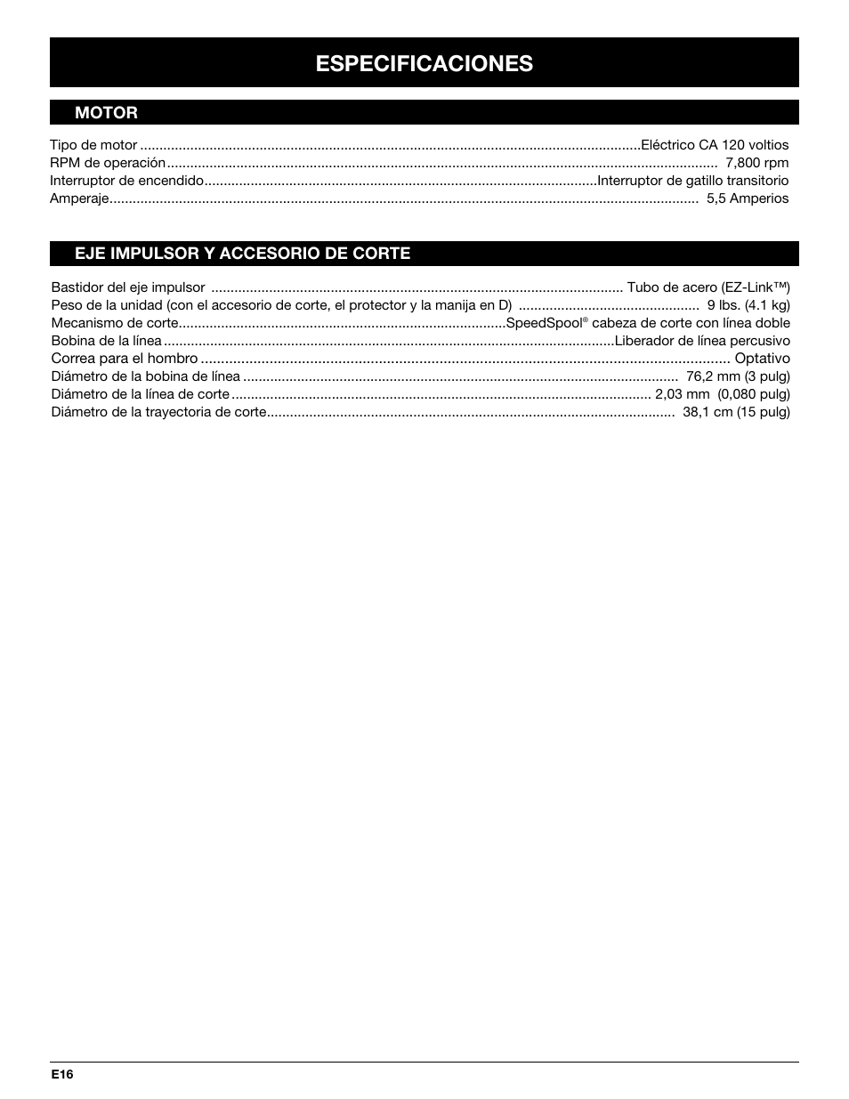 Especificaciones | Yard-Man YM137 User Manual | Page 52 / 56