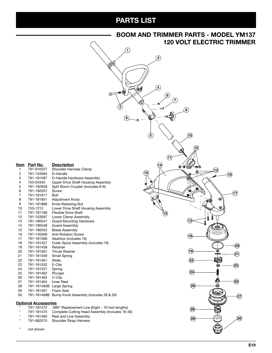 Parts list | Yard-Man YM137 User Manual | Page 55 / 56