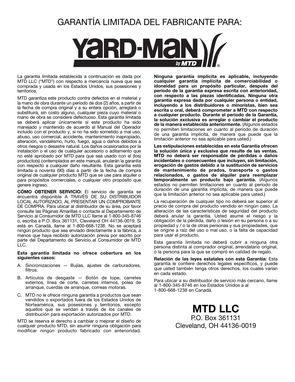 Mtd llc, Garantía limitada del fabricante para | Yard-Man YM137 User Manual | Page 56 / 56