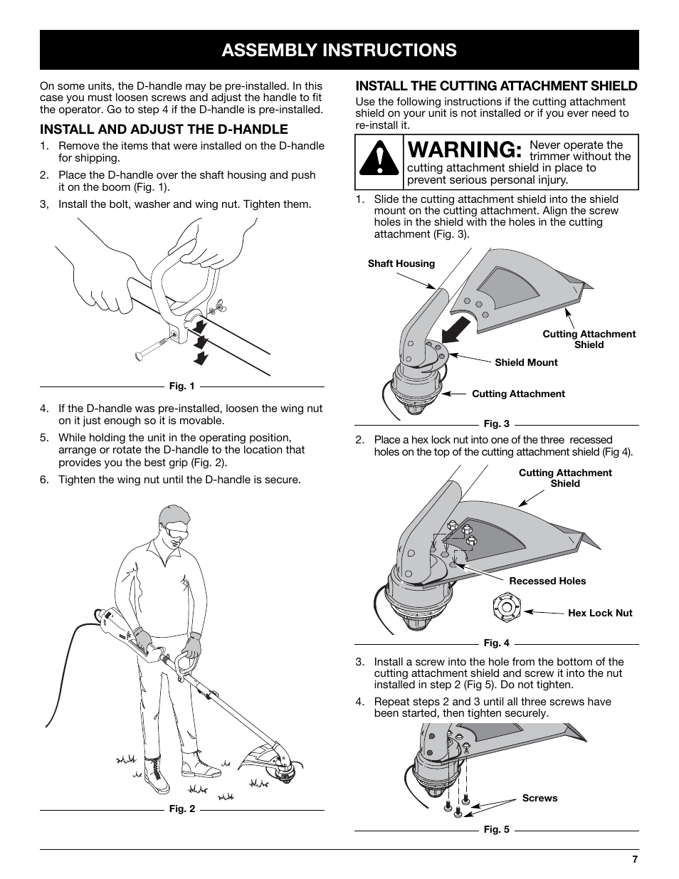 Warning, Assembly instructions | Yard-Man YM137 User Manual | Page 7 / 56