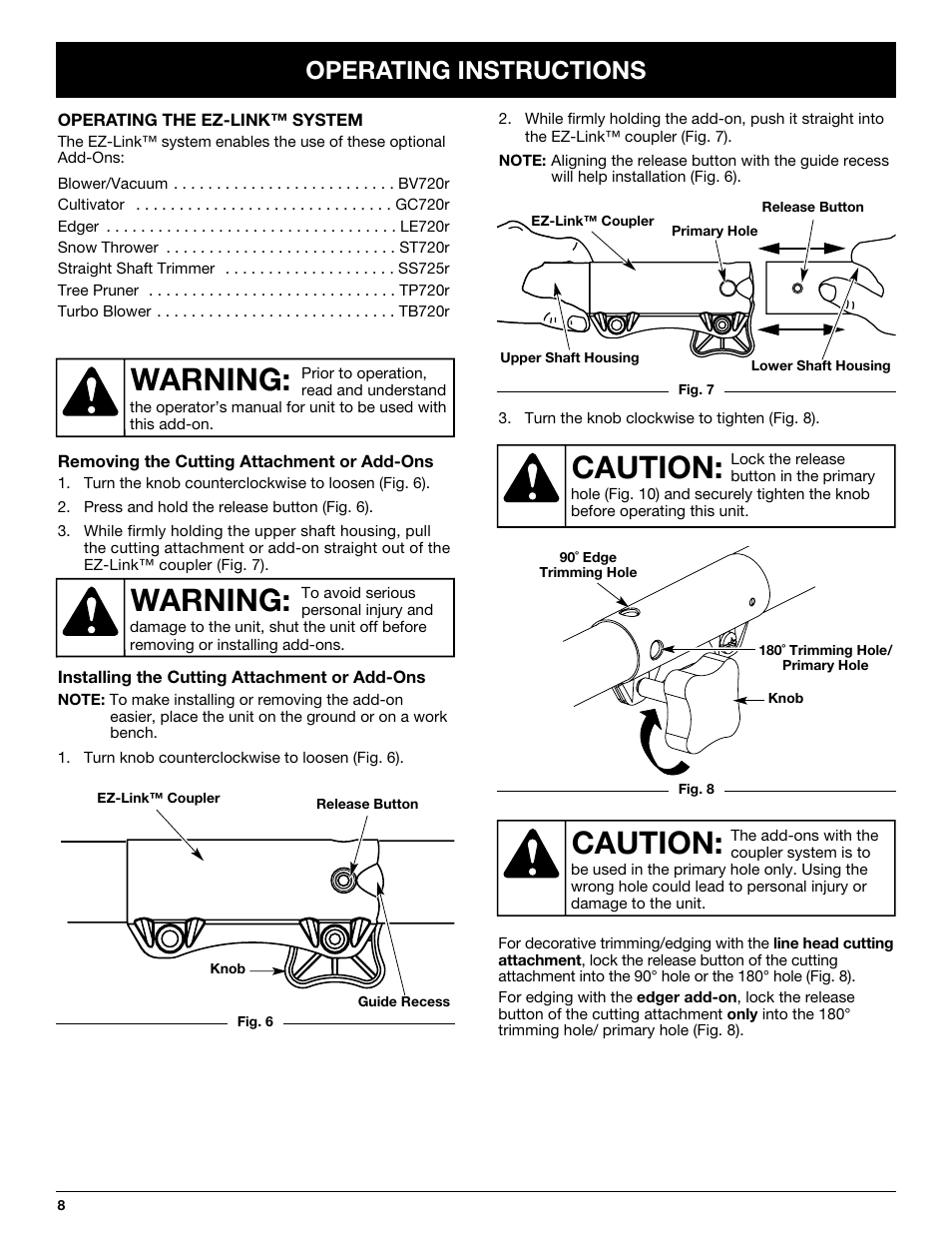 Warning, Caution, Operating instructions | Yard-Man YM137 User Manual | Page 8 / 56