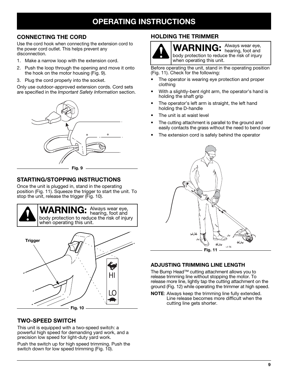 Warning, Operating instructions | Yard-Man YM137 User Manual | Page 9 / 56
